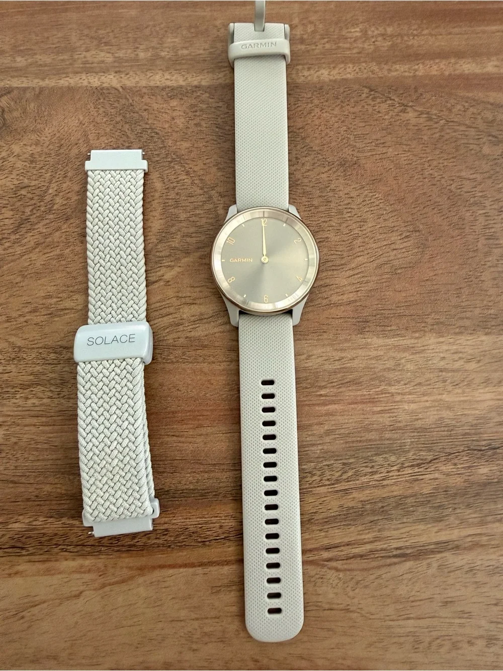 garmin hybrid smartwatch Cream Gold Stainless Steel Bezel with French Gray band
